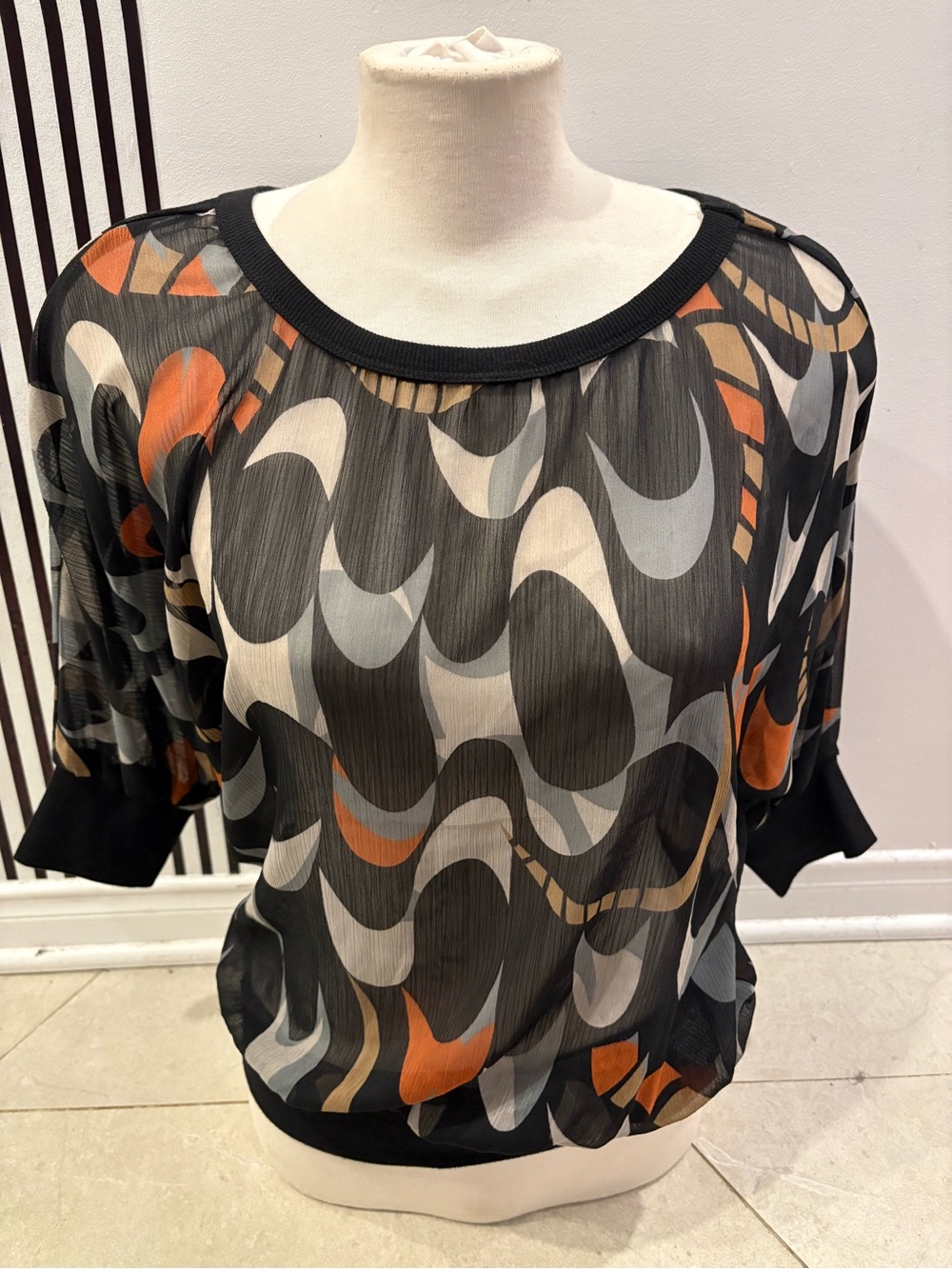 Suzy Shier Sheer Wave-Print Blouse in Black, Gray and Orange